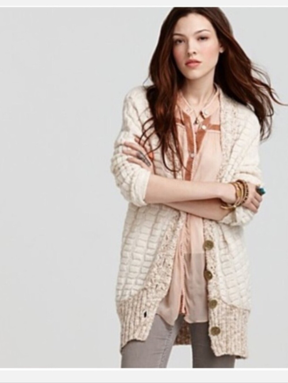 Free People Bumpy Road Cream Cable Knit Cardigan Slouchy Relaxed Fit Neutral M